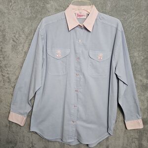 Pennylane Women's Sz Med Blue Pink Blouse long sleeve cotton blend decorative